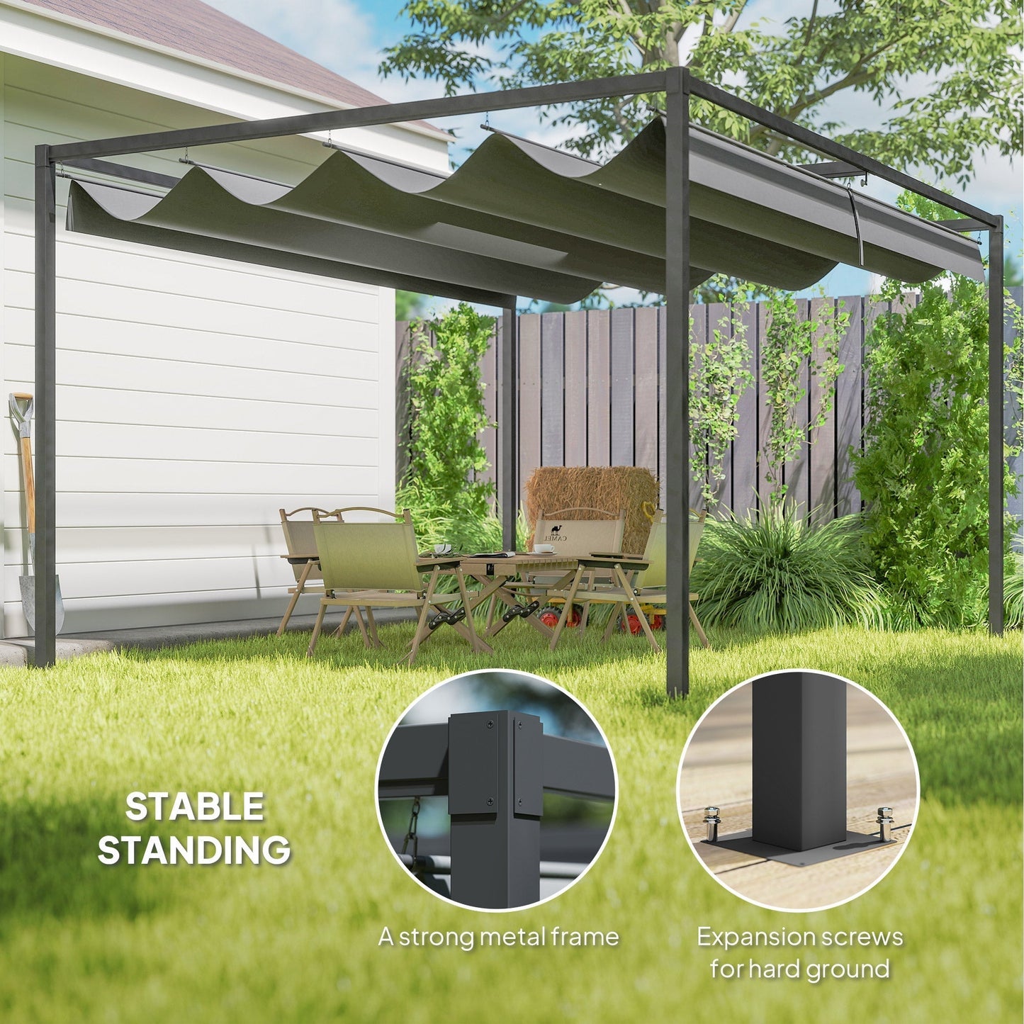 Outsunny 4 x 3(m) Metal Outdoor Pergola with Retractable Roof, Outdoor Gazebo with Drainage Holes for Garden, Patio, Lawn, Grey