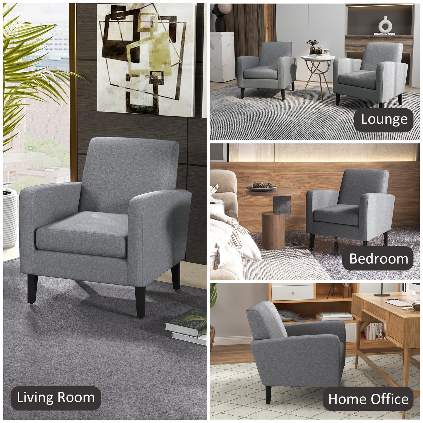 HOMCOM 2-częściowe nowoczesne fotele z nogami z drewna kauczukowego, tapicerowane krzesła akcentowe, pojedyncza sofa do salonu, sypialni, szare