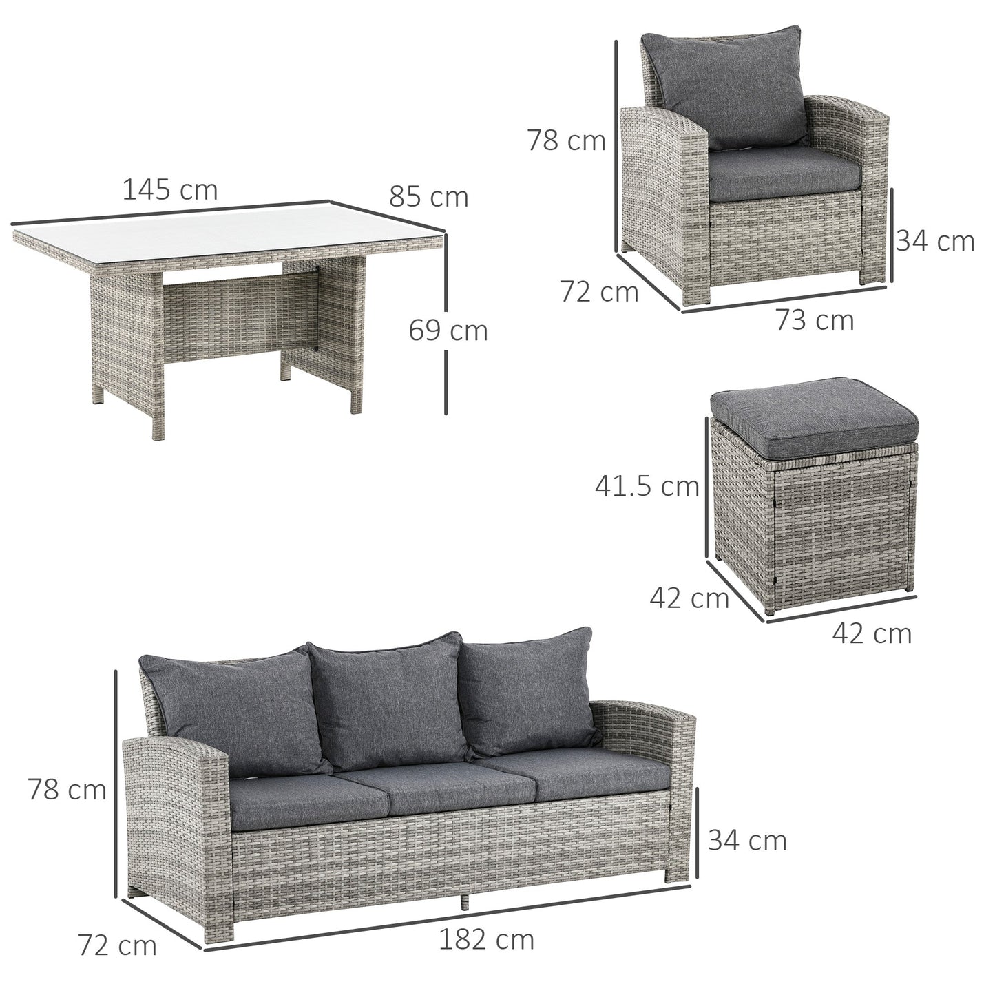 Zestaw mebli ogrodowych Outsunny z rattanu PE, 6 elementów, z trzema krzesłami, fotelami i podnóżkami, aluminiowy zestaw mebli ogrodowych z wikliny ze szklanym blatem, miękka poduszka, jasnoszary