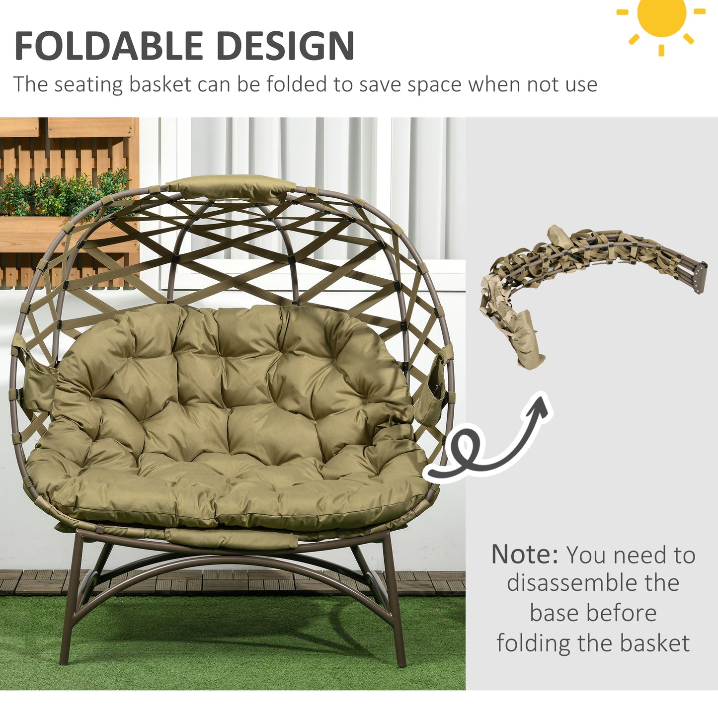 Fotel ogrodowy Outsunny 2-osobowy Egg Chair Outdoor, składany, pleciony, z poduszką i kieszeniami na kubki – khaki