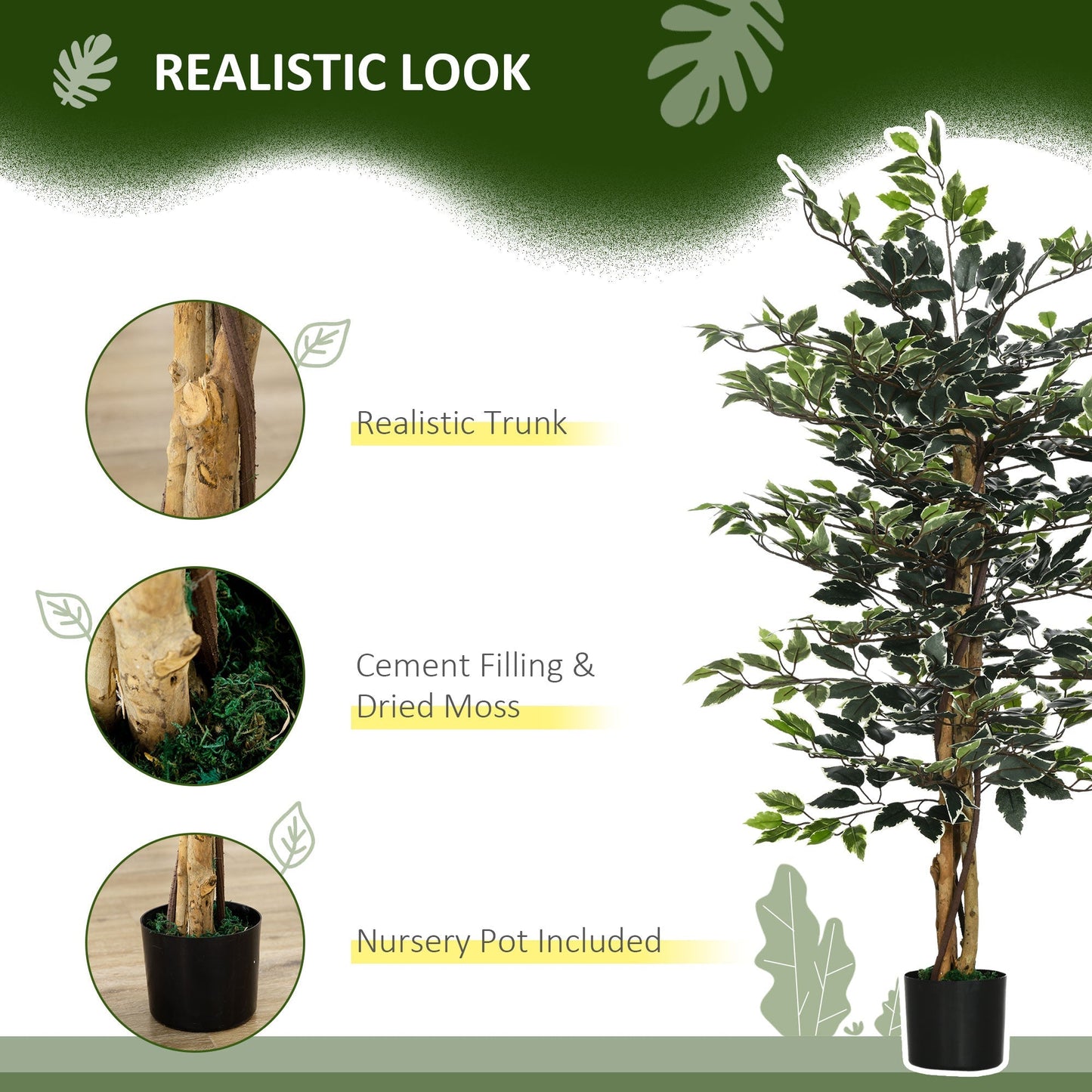 HOMCOM 4.5ft Ficus Artificial Plant with Realistic Leaves, Potted Fake Tree for Home Office Indoor Decor, Green