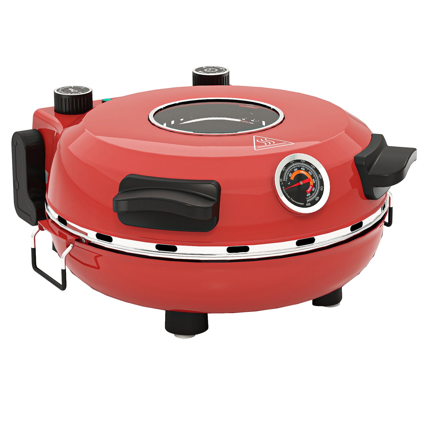 Piec do pizzy HOMCOM 1200 W, 12-calowy elektryczny piec do pizzy z okienkiem, podwójnym pokrętłem do regulacji temperatury i timera, zabezpieczenie przed przegrzaniem, kolor czerwony