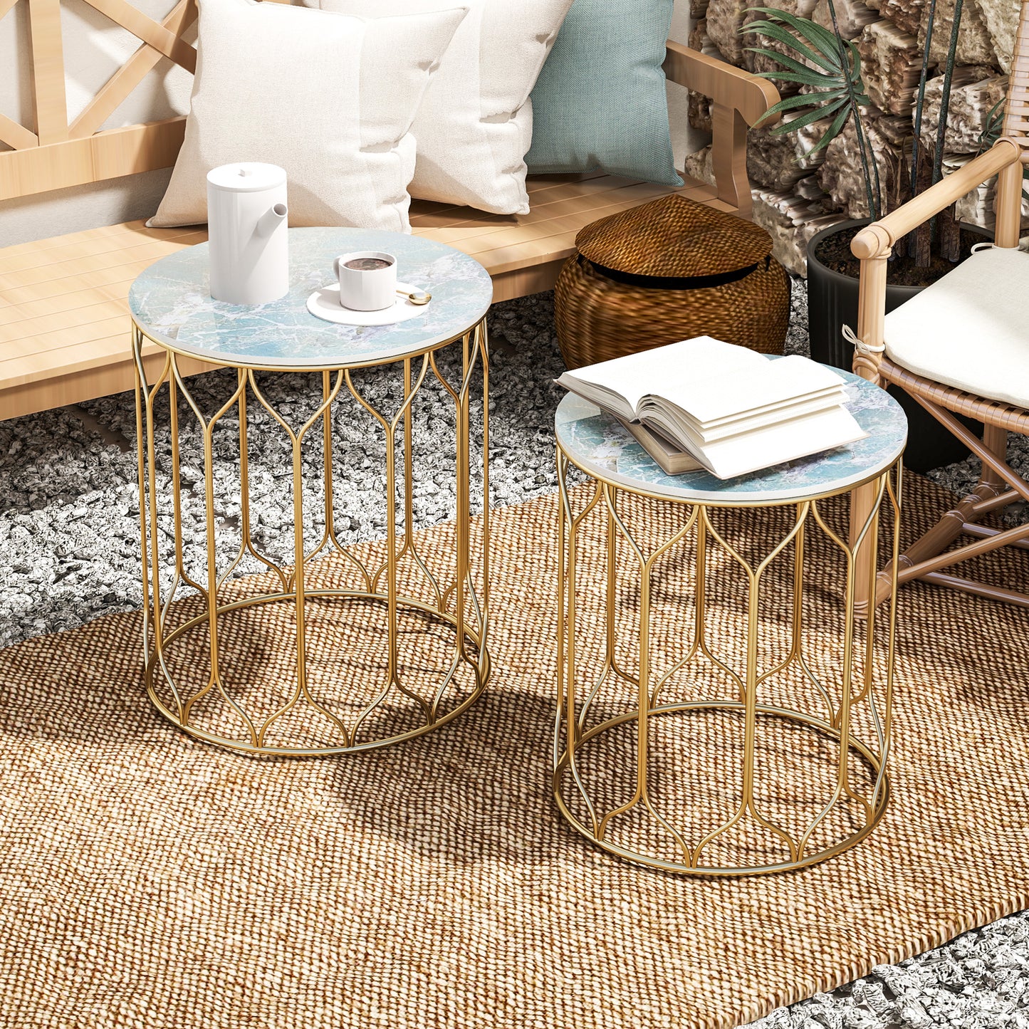Zestaw 2 stolików bocznych Outsunny Garden Side Table, stoliki wsuwane z blatem z płytek ceramicznych, małe stoliki ogrodowe do użytku wewnątrz i na zewnątrz, wielofunkcyjne stoliki boczne z metalową ramą na patio, balkon, werandę, wielokolorowe