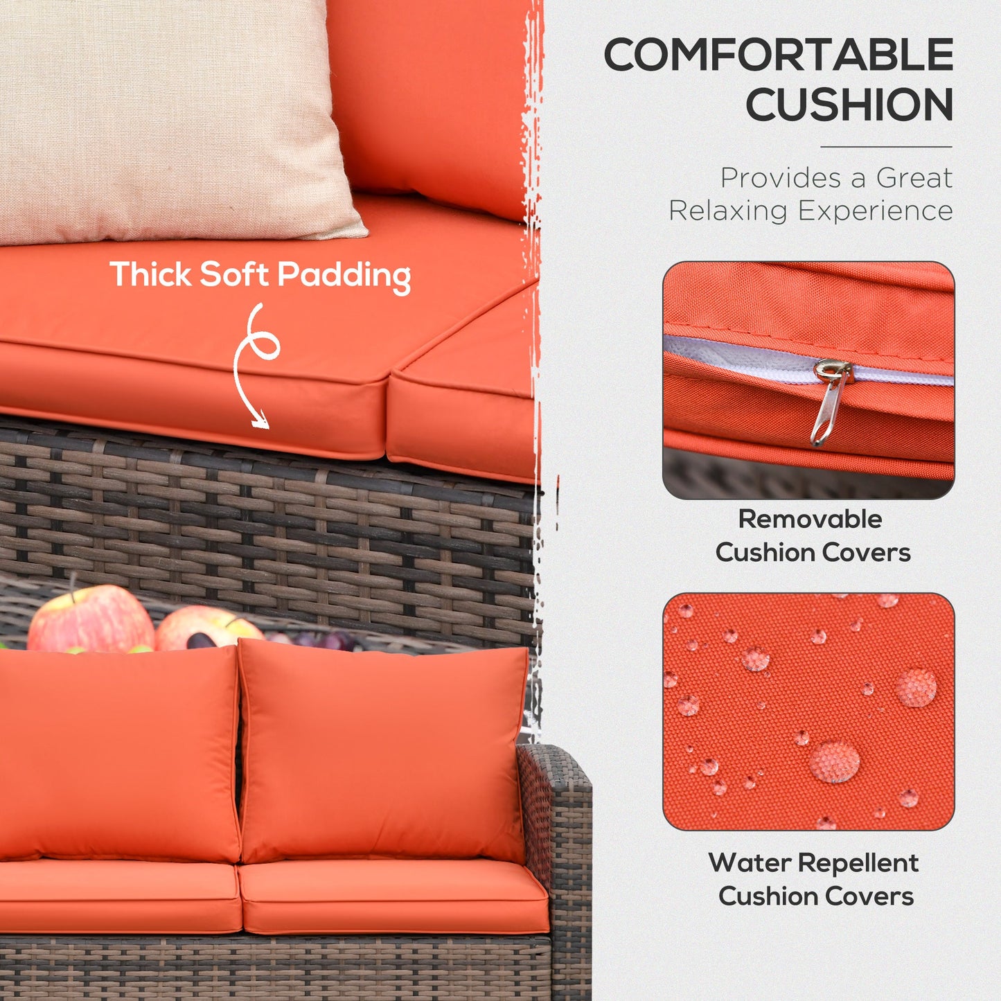 Outsunny 6 Pieces Rattan Garden Furniture Set, 7 Seater Wicker Outdoor Furniture Set with Storage Tea Table & Side Table, Sectional Garden Sofa Set with Cushions, Orange