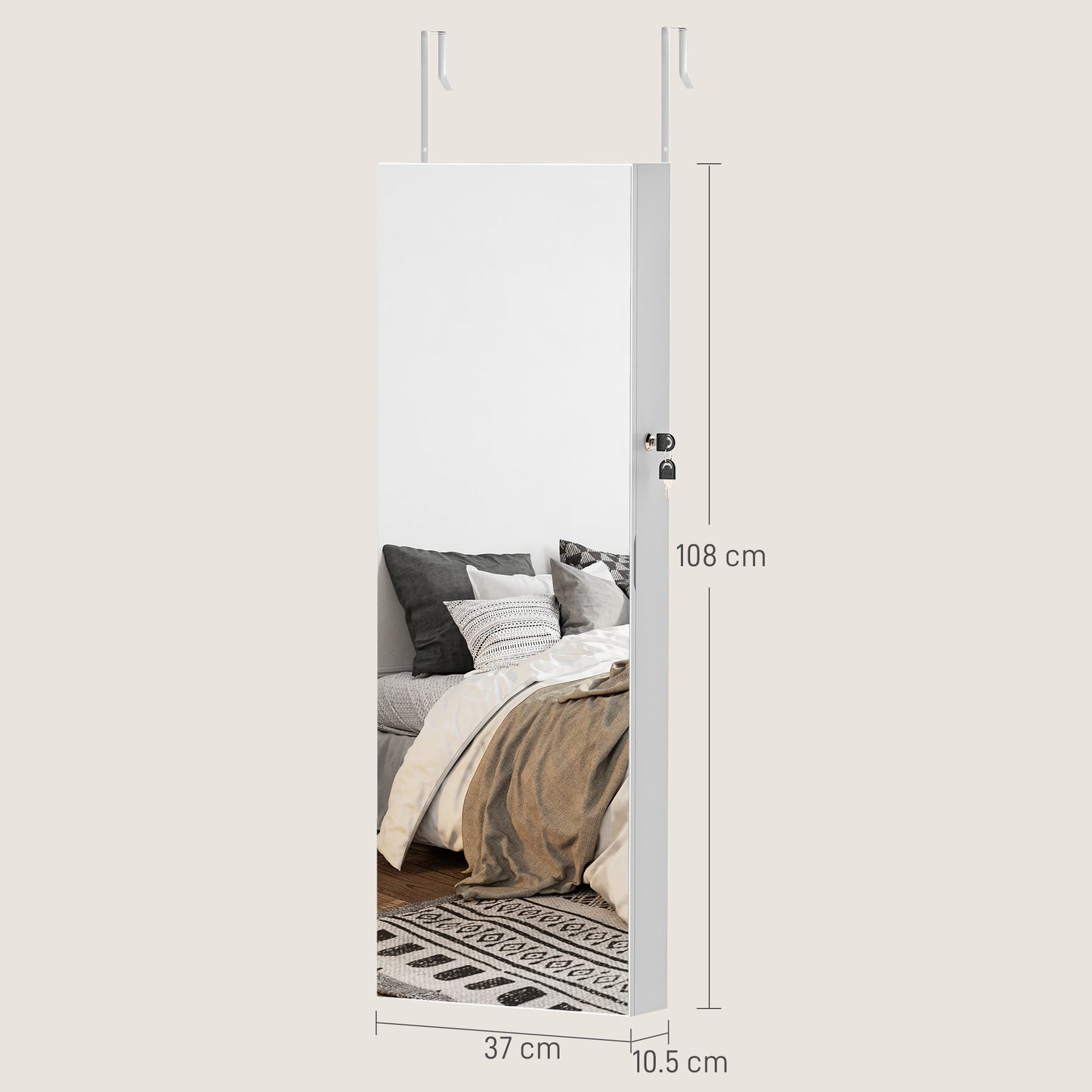 HOMCOM 108 x 37 cm Zamykana szafka na biżuterię z oświetleniem LED - biała powierzchnia i różowa podszewka