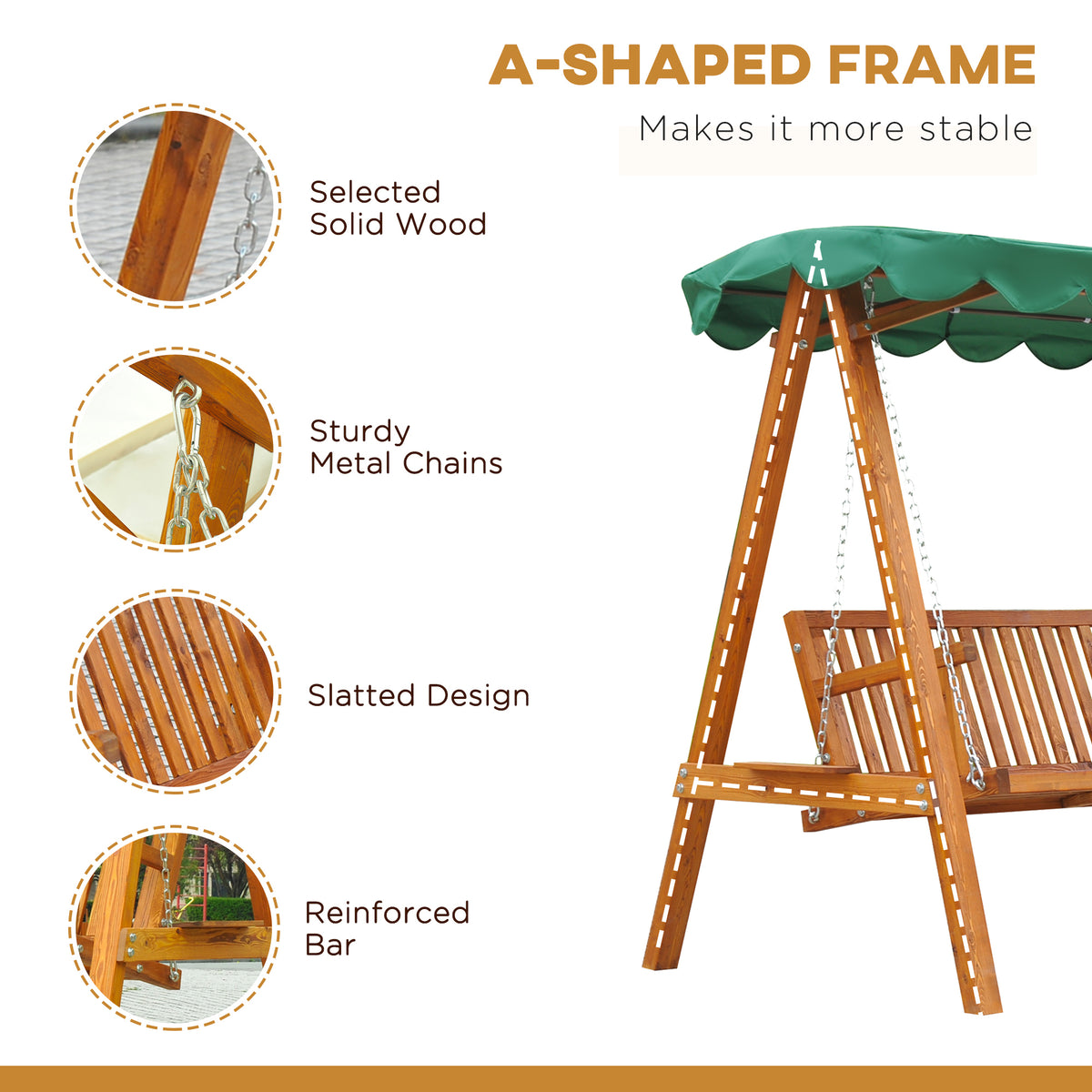 Outsunny 3-Seater Pinewood Swing Chair in Green, image 5