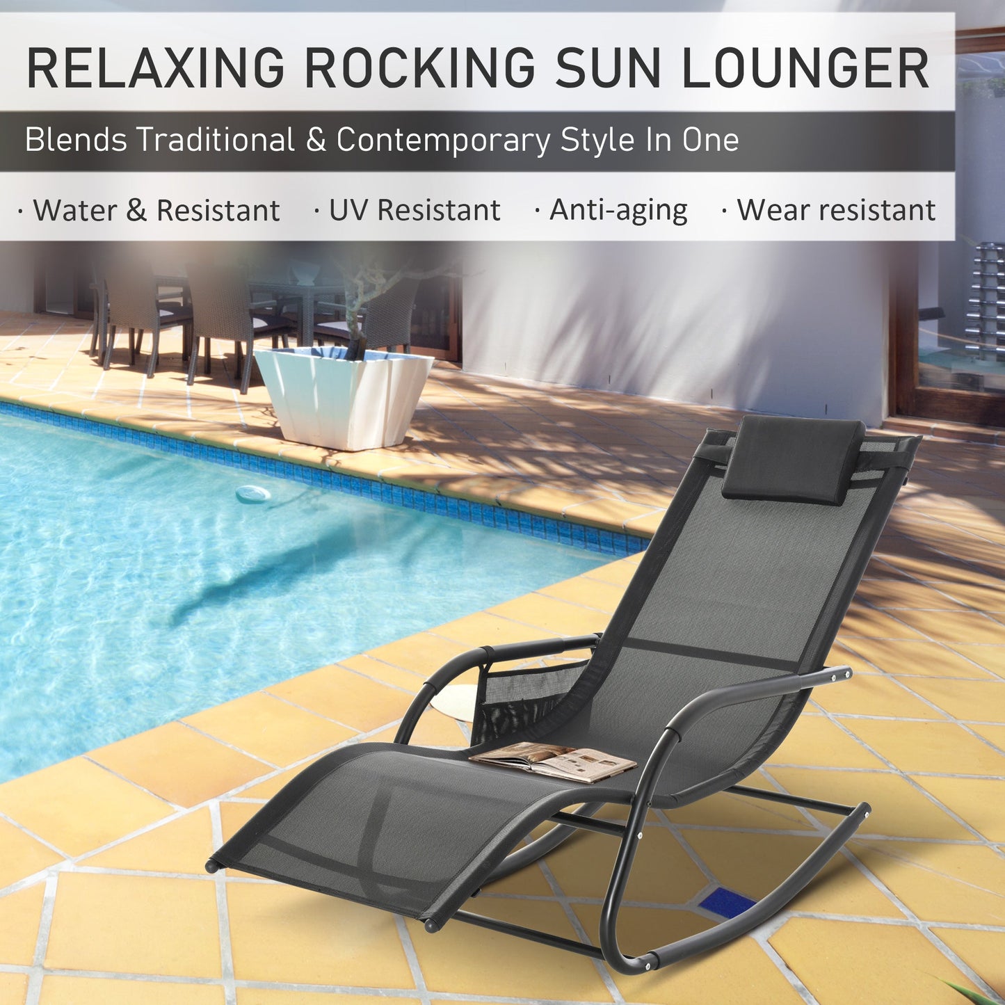 Outsunny 2PCs Outdoor Garden Rocking Chair, Patio Sun Lounger Rocker Chair z oddychającą siateczkową tkaniną, zdejmowana poduszka zagłówka, podłokietnik, boczna torba do przechowywania, czarny