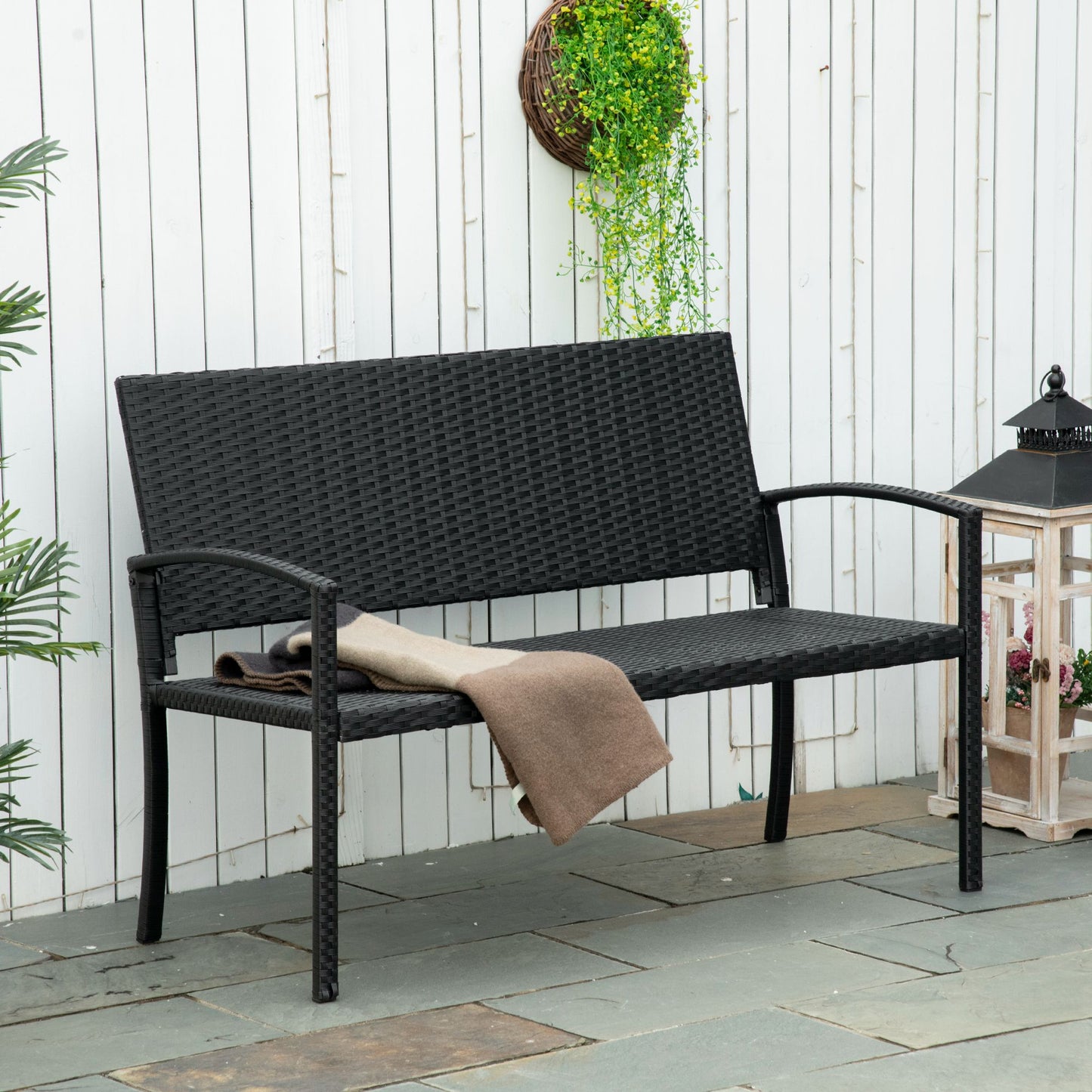 Outsunny Patio Rattan 2-osobowa ławka ogrodowa z wikliny pleciona kanapa z fotelem ogrodowym krzesło ogrodowe w kolorze czarnym