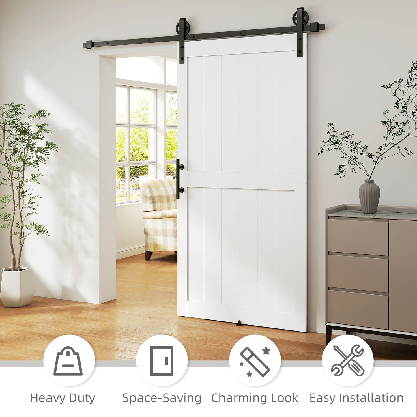 HOMCOM 213.4cm Sliding Barn Door Kit, Sliding Door with Track, Hardware, Upgraded Rollers and Floor Guide, Handle, White