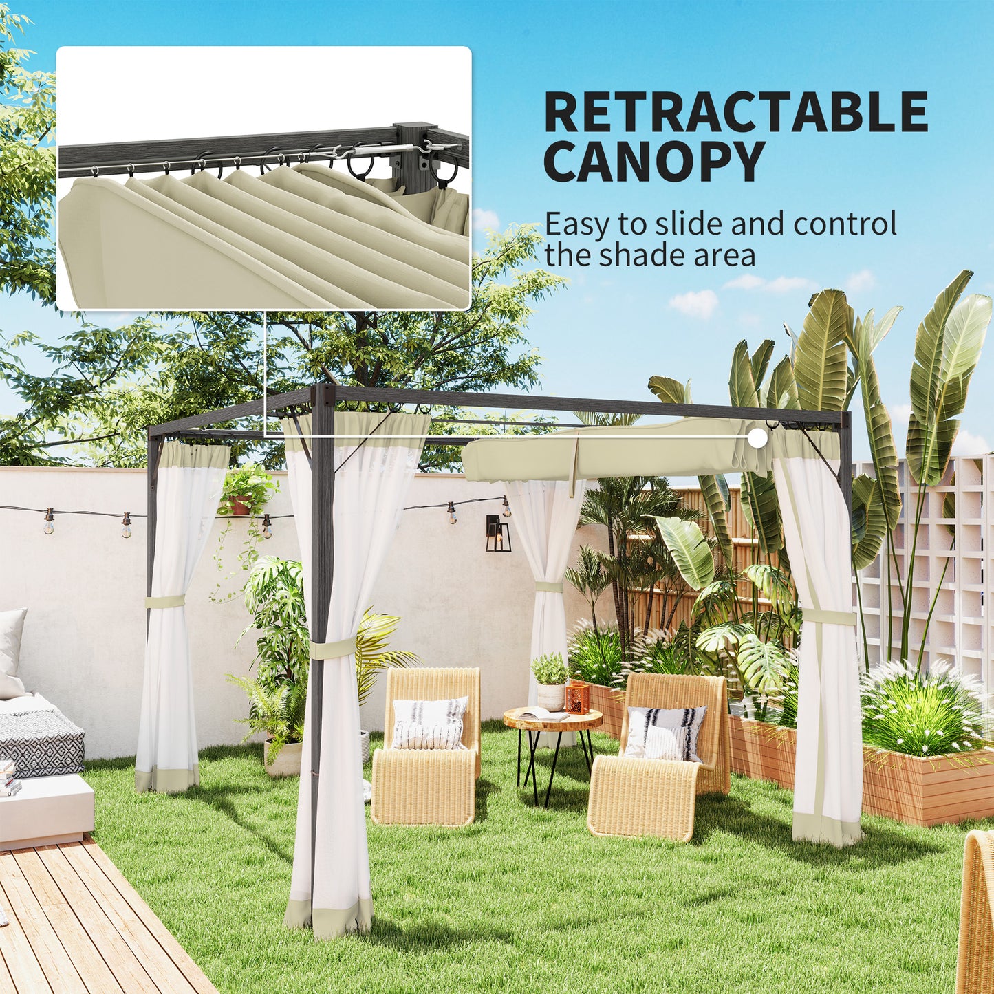 Pergola aluminiowa Outsunny 3 x 3 m z rozsuwanym dachem w kolorze khaki
