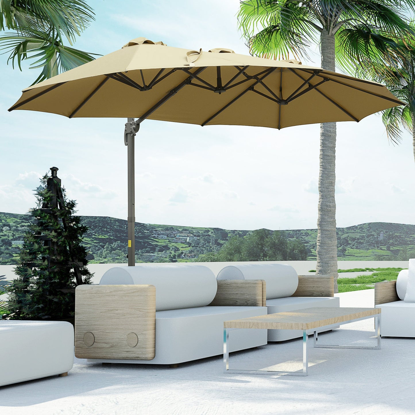 Outsunny 4.5Â m Patio Parasol, Large Double-Sided Rectangular Garden Umbrella with Crank Handle, 360 Cross Base for Bench, Outdoor, Khaki