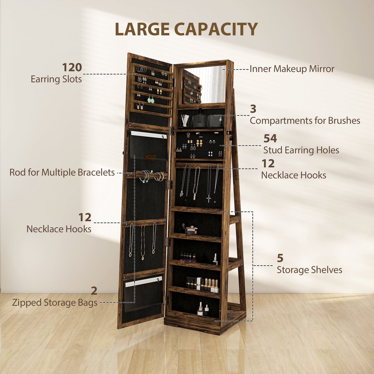 HOMCOM 360 Swivel Jewellery Cabinet, Free Standing Full Length Mirror with Storage, Lockable Jewellery Organiser with Built-in Makeup Mirror and Storage Shelves for Bedroom, Rustic Brown