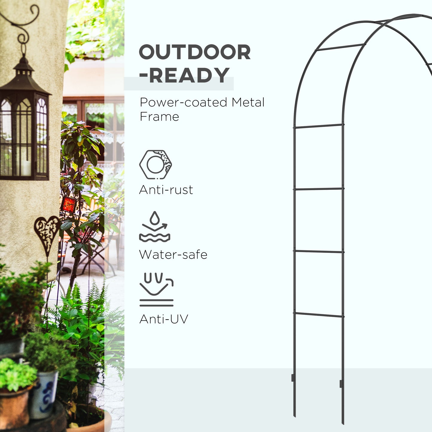 Outsunny Outdoor Garden Arch, Metal Garden Arbor for Climbing Plants, Roses, Vines, Wedding Arch for Outdoor, 140L x 40W x 240H cm, Black