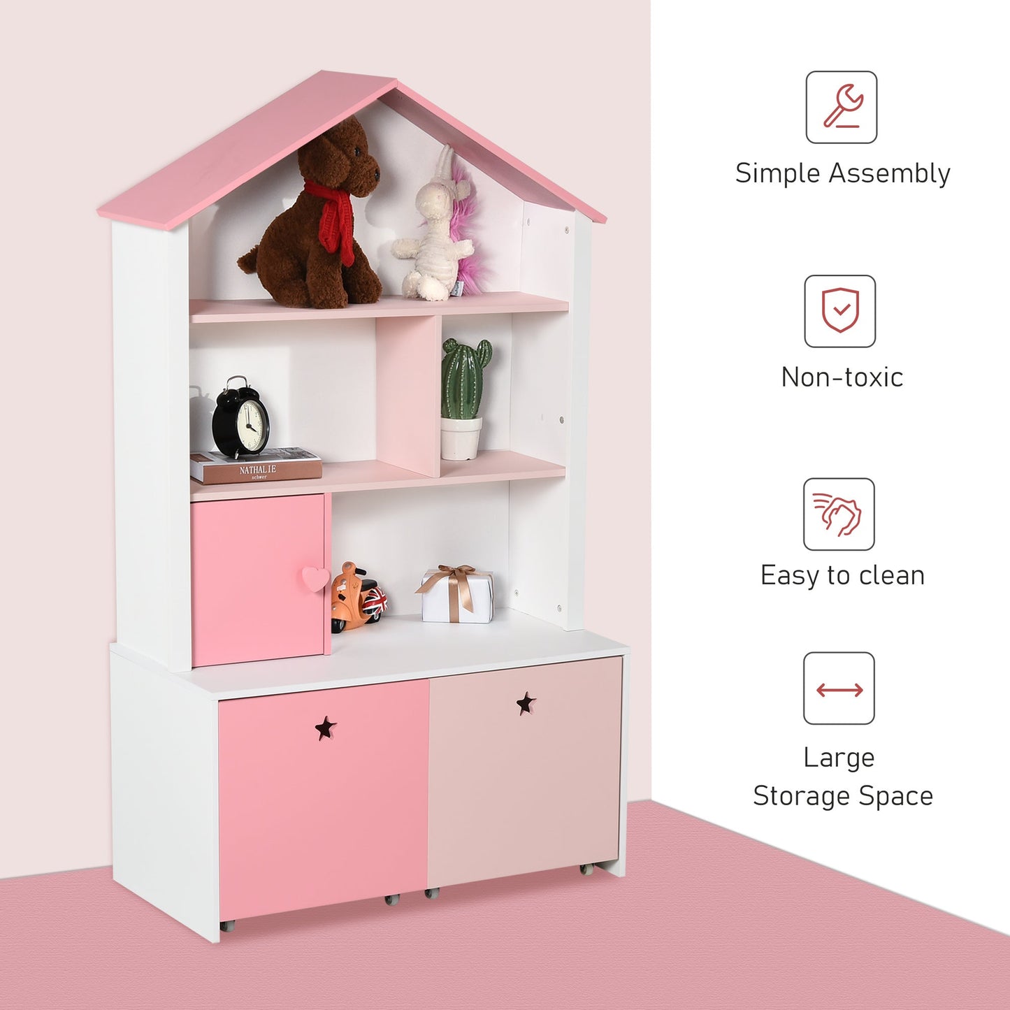 HOMCOM Dziecięca półka na książki z szufladą na kółkach, organizer na zabawki dla dzieci, stojak ekspozycyjny, szafka do przechowywania, 80x34x130cm, różowa