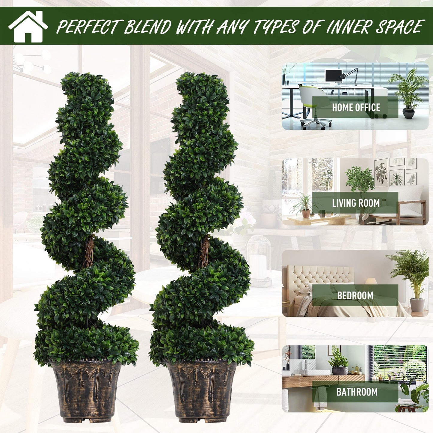 Outsunny Set of 2 Artificial Boxwood Spiral Topiary Trees Potted Decorative Plant Outdoor and Indoor DŽcor 120cm