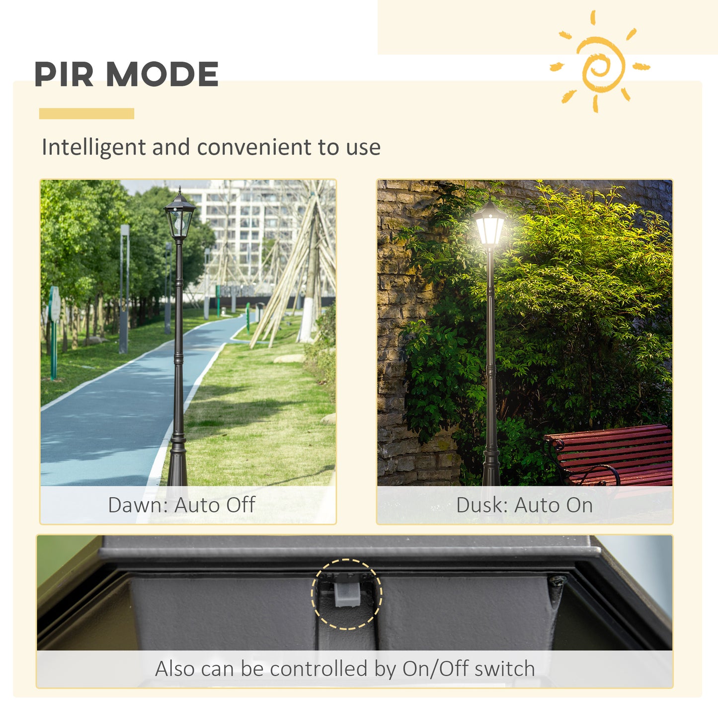 Outsunny 2,4 m Lampa ogrodowa Słupek oświetleniowy, lampa LED zasilana energią słoneczną do oświetlenia ścieżki na patio z aluminiową ramą, czujnik ruchu PIR do trawnika, ścieżki, podjazdu, czarny