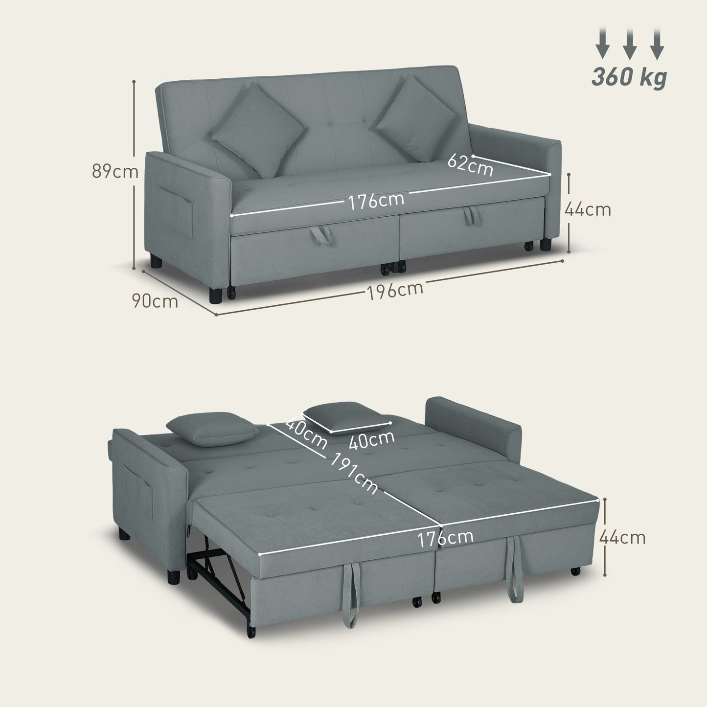 HOMCOM Trzyosobowa sofa rozkładana Velvet-Feel - Szara
