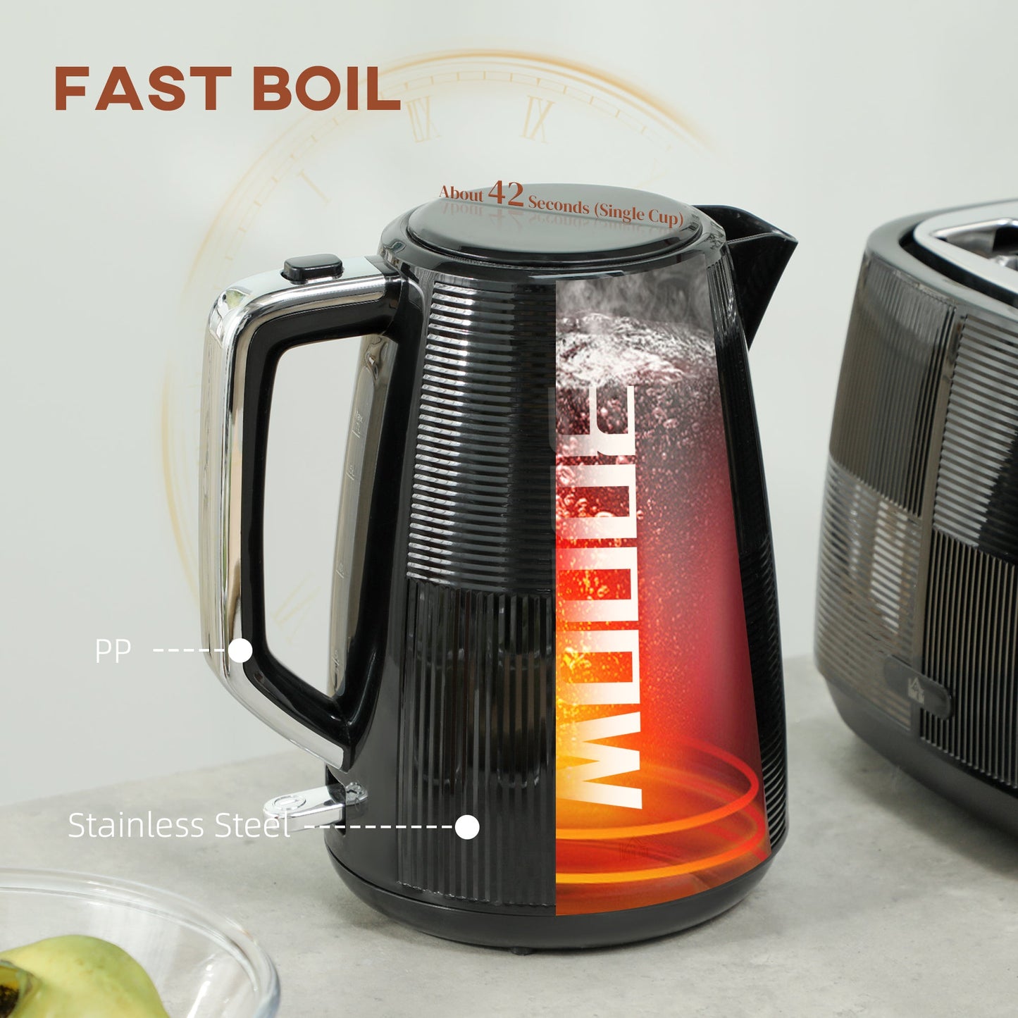 Zestaw HOMCOM z czajnikiem i tosterem, 1,7 l, 3000 W, czajnik z funkcją szybkiego gotowania i tosterem na 2 kromki, 7-stopniową regulacją opiekania, rozmrażaniem, podgrzewaniem, zabezpieczeniem przed gotowaniem na sucho, czarny