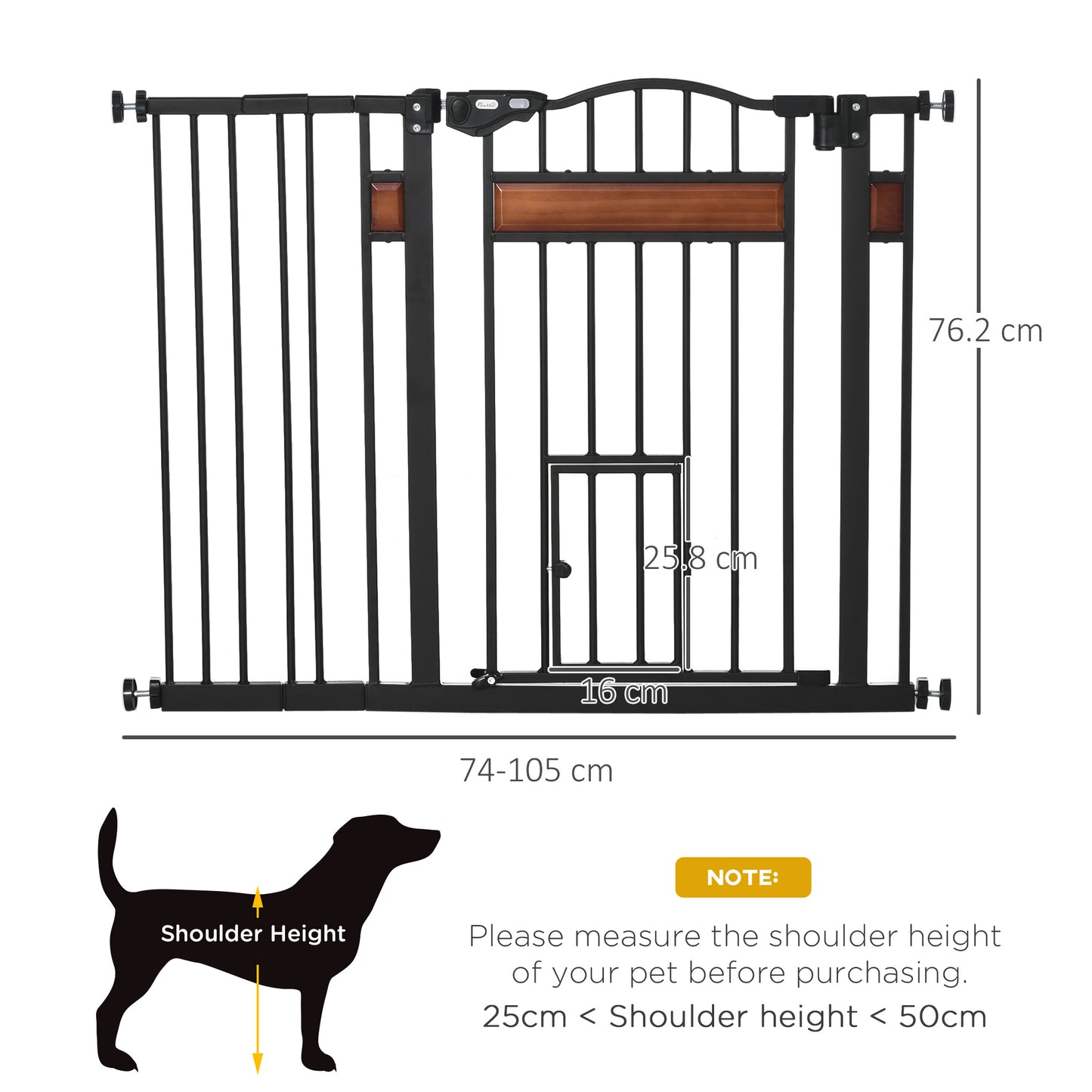 Bramka zabezpieczająca dla zwierząt PawHut Pet Gate z drzwiczkami dla kota, zamykana automatycznie, na schody, drzwi, korytarze, szerokość 74-105 cm - czarna