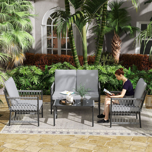 Outsunny 4 Piece Rattan Garden Furniture Set, 4 Seater Wicker Patio Conversation Set with 2 Armchairs, Loveseat, Glass Top Coffee Table and Cushions for Outdoor, Balcony, Grey