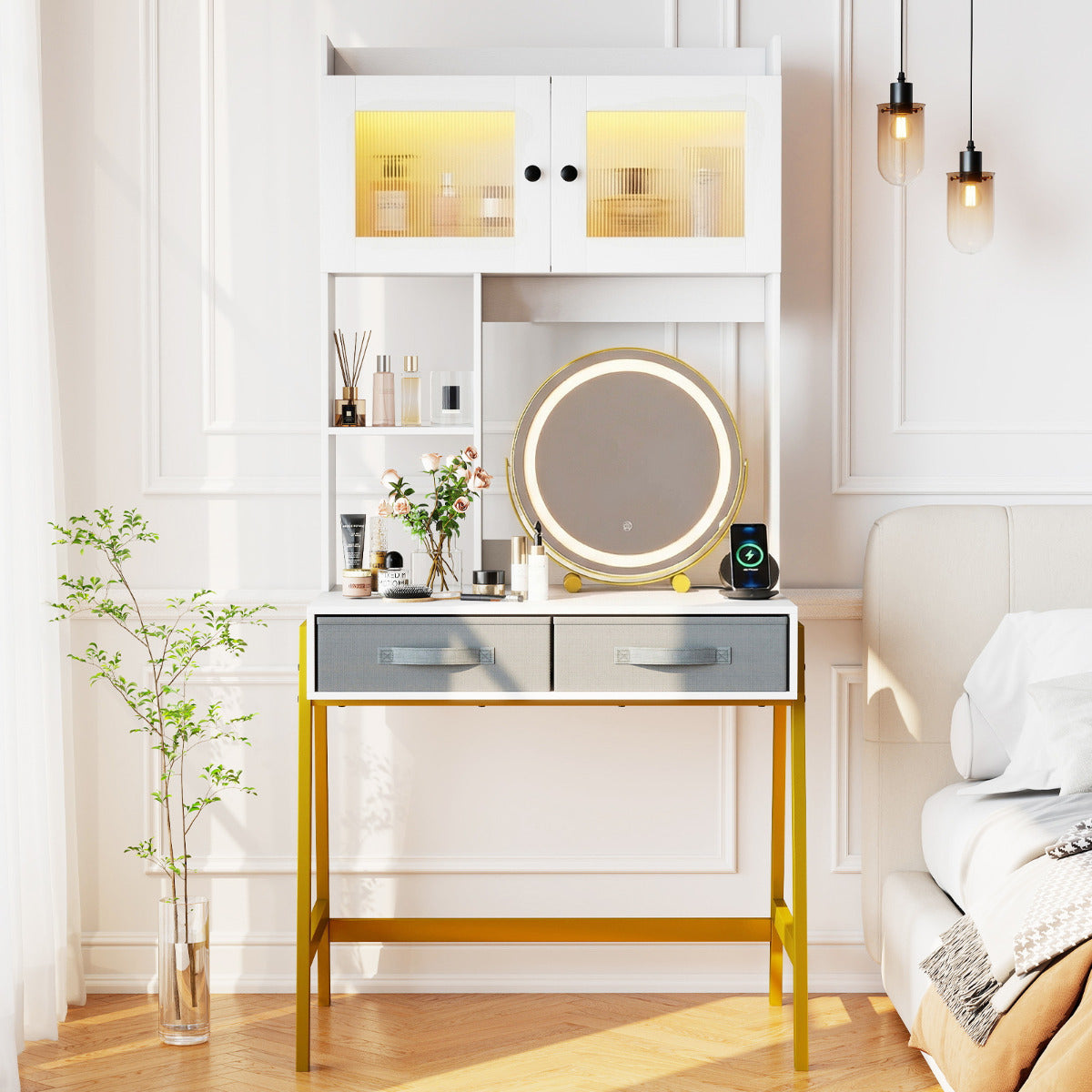 Makeup Vanity Desk with Rotating Mirror and Adjustable Light-White