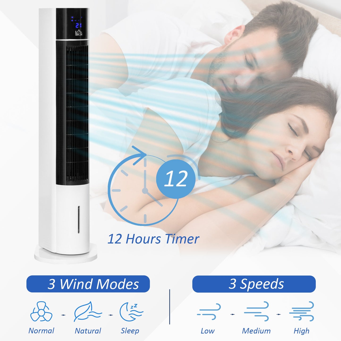 HOMCOM Portable Air Cooler, 3L Tank Evaporative Ice Cooling Tower Fan with 3 Modes, 3 Speeds, Remote, Timer, 60¡ Oscillating, Portable Swamp Cooler for Home Bedroom, White