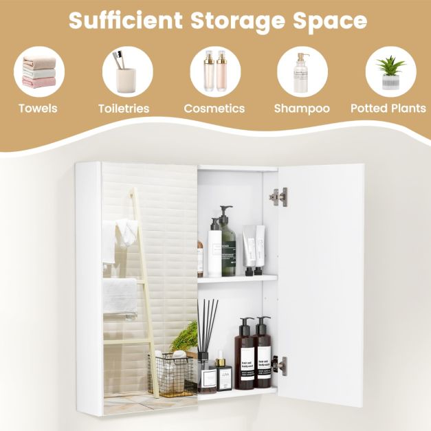 Medicine Cabinet with Mirror and Double Mirrored Doors -White
