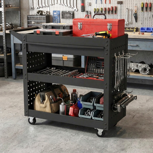 Metal Mechanic Tool Organizer with Large Drawer and 2 Pegboards-Black