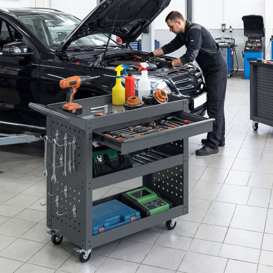 Metal Mechanic Tool Organizer with Large Drawer and 2 Pegboards-Grey