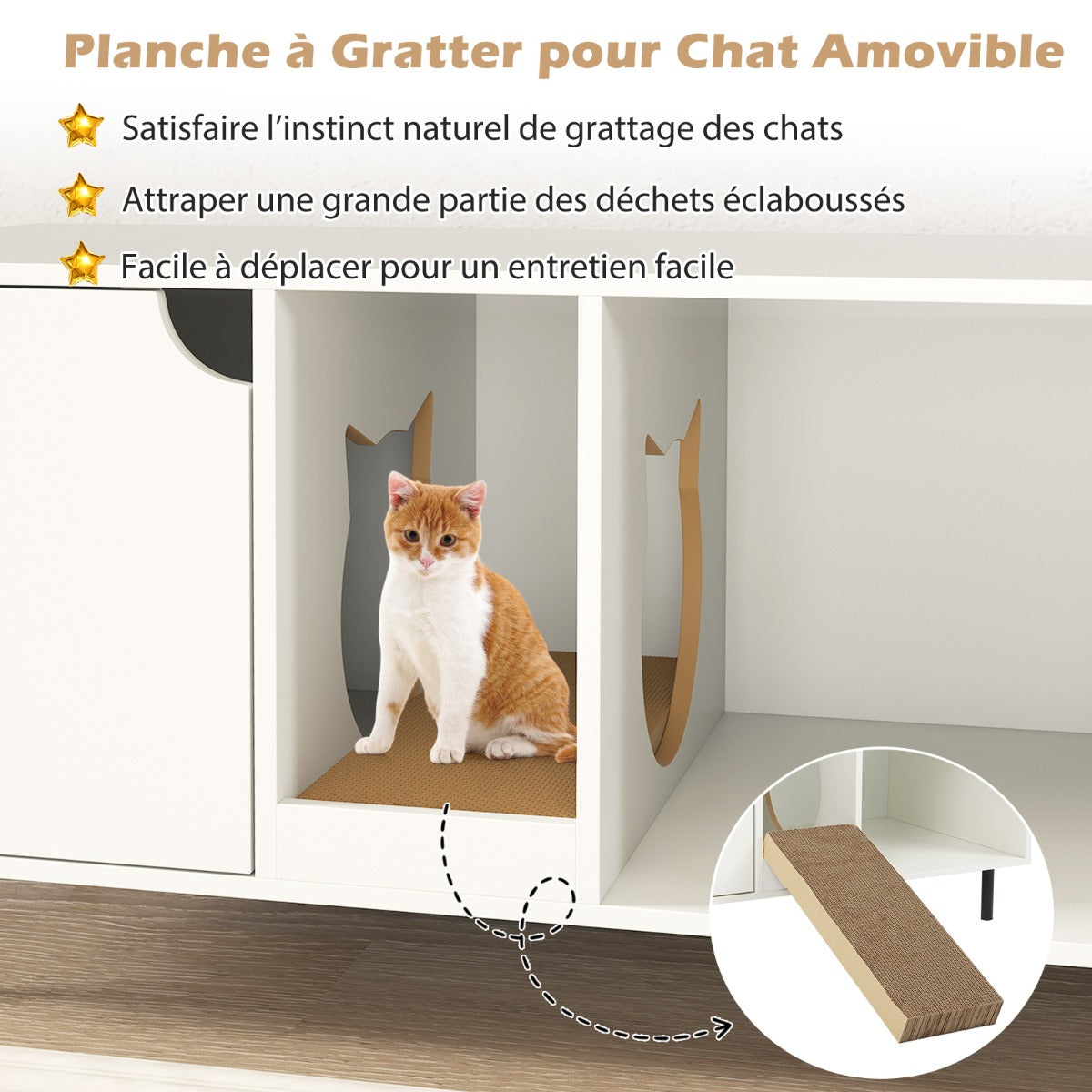Cat Litter Box Enclosure with Storage and Removable Scratching Board-White