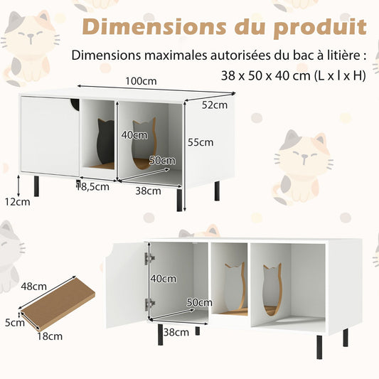 Cat Litter Box Enclosure with Storage and Removable Scratching Board-White