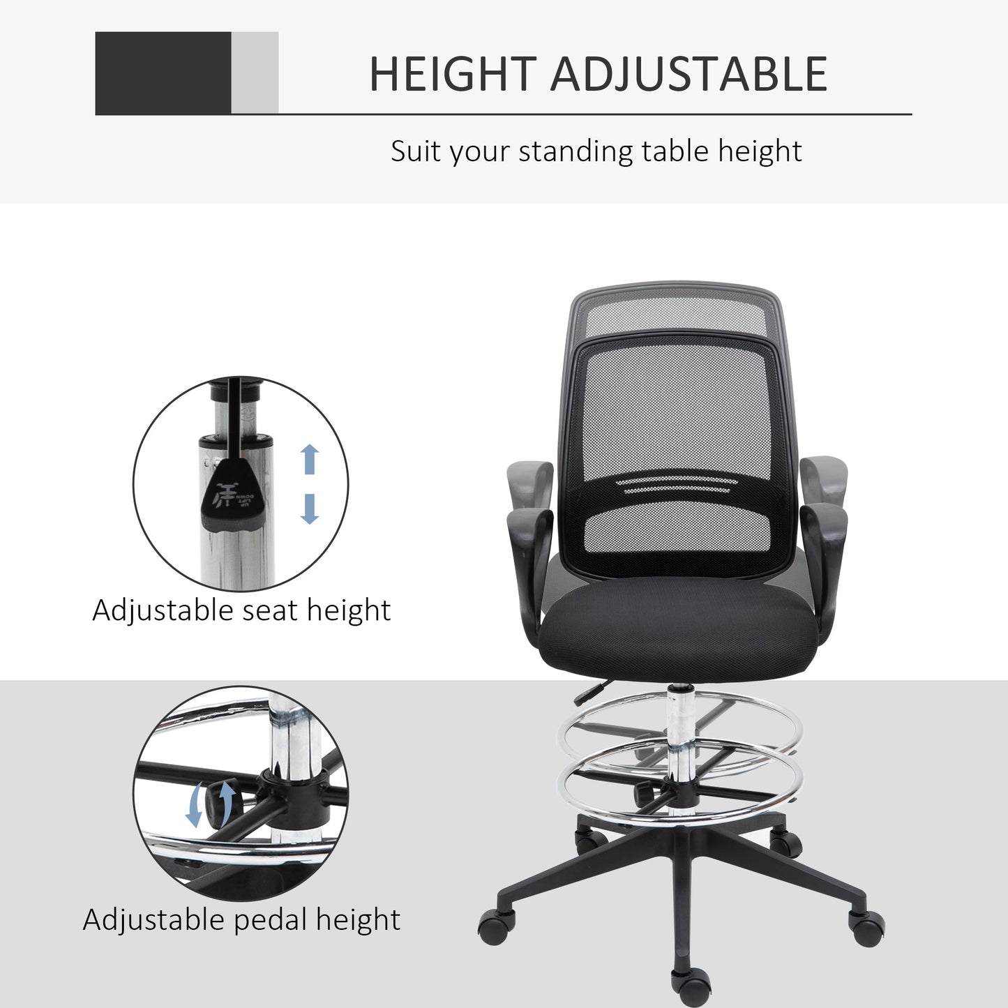 Vinsetto Ergonomic Mesh Back Drafting Chair, Tall Office Chair, Draughtsman Chair with Adjustable Height and Footrest 360 Swivel, Set of 5