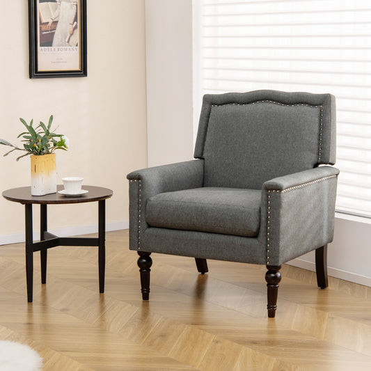 Mid-century Modern Armchair with Thick Cushion & Rubber Wood Legs-Grey