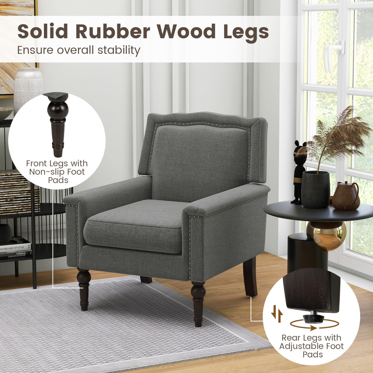 Mid-century Modern Armchair with Thick Cushion & Rubber Wood Legs-Grey