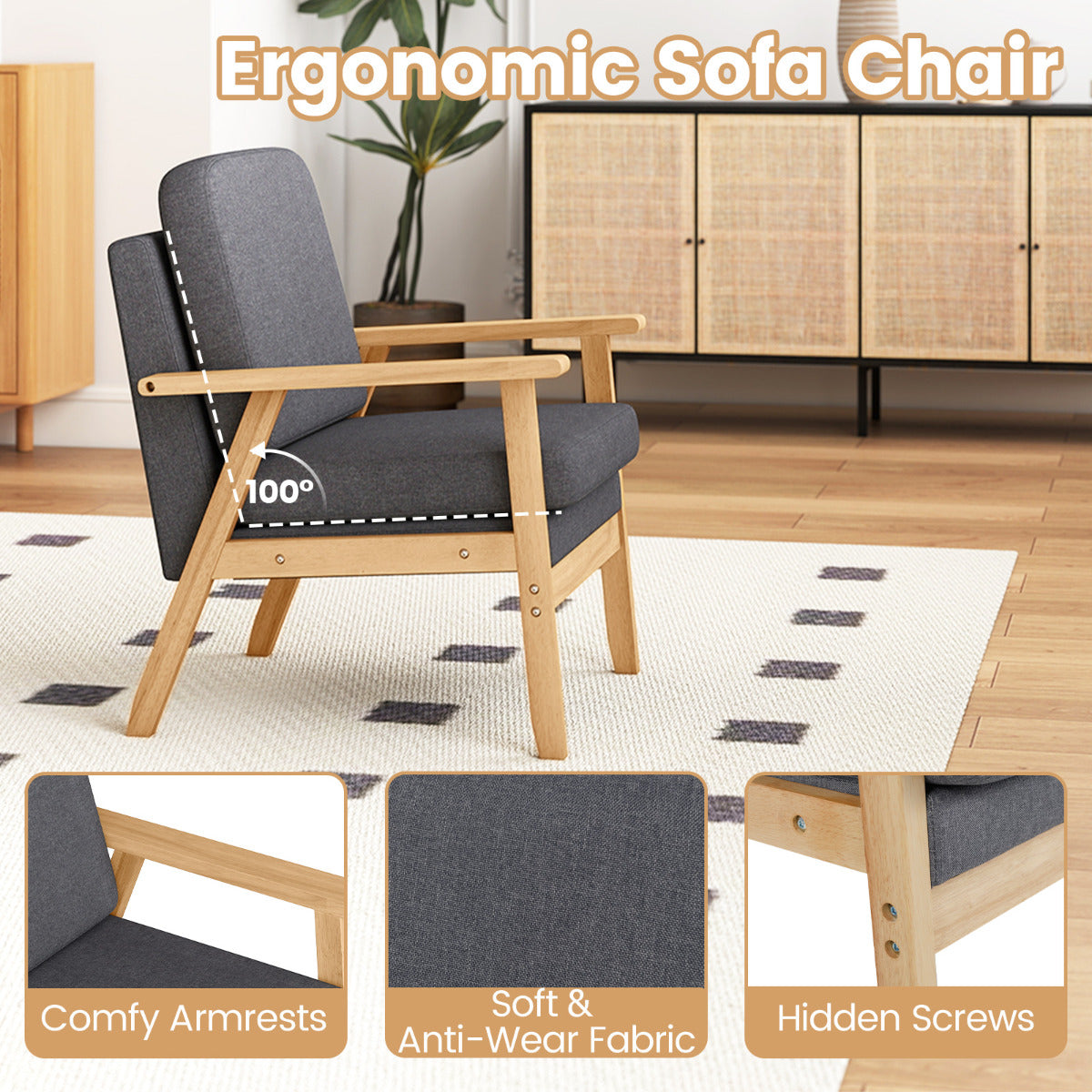 Mid-Century Accent Chair with Solid Wood Frame-Grey