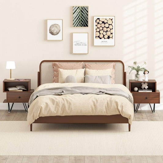 Mid Century Modern End Tables Set of 2 with Removable Drawer-Walnut