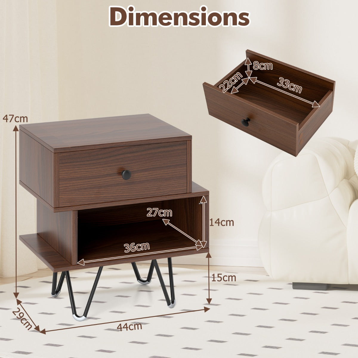 Mid Century Modern End Tables Set of 2 with Removable Drawer-Walnut