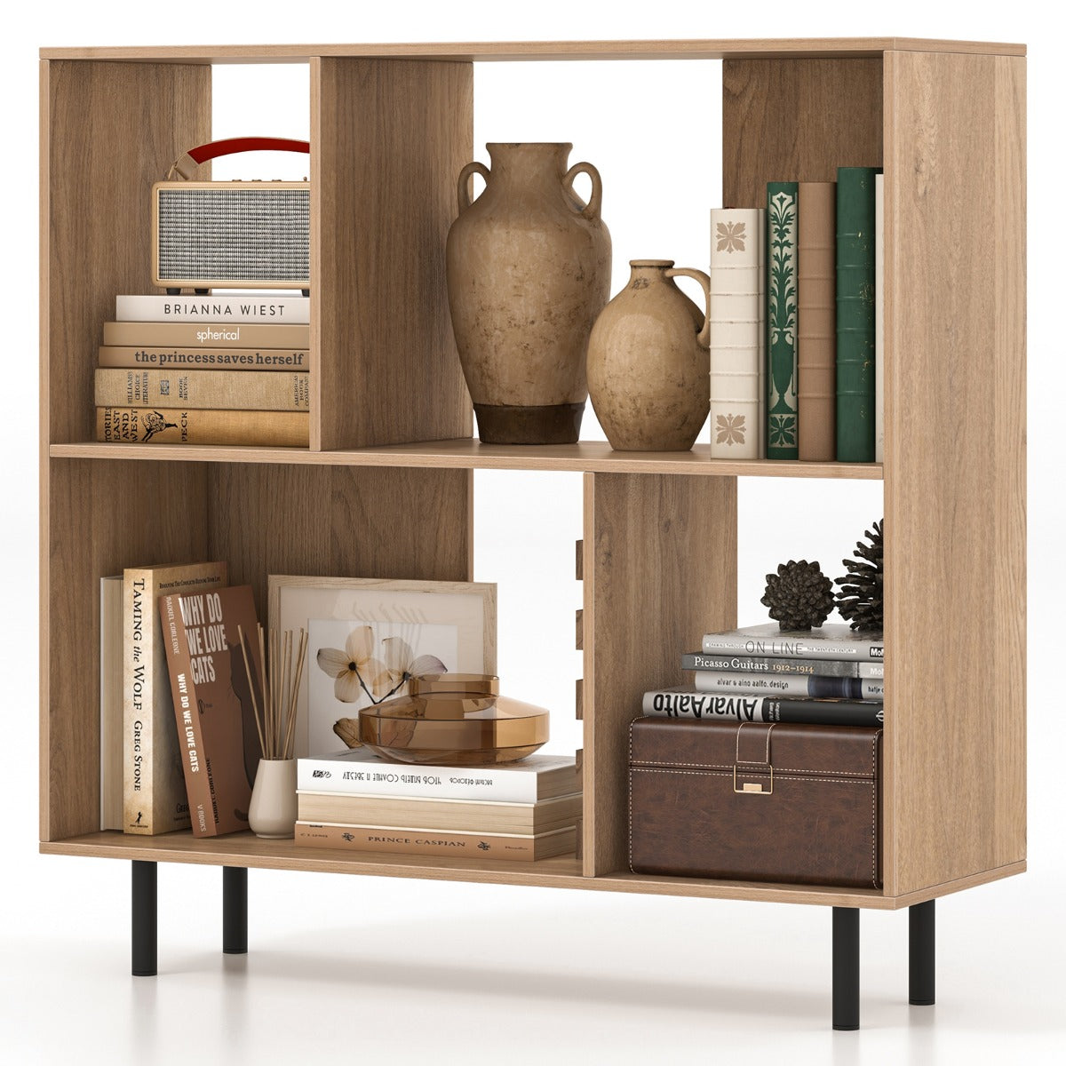 Mid Century Modern Minimalist Cube Bookshelf with 4 Compartments-Natural