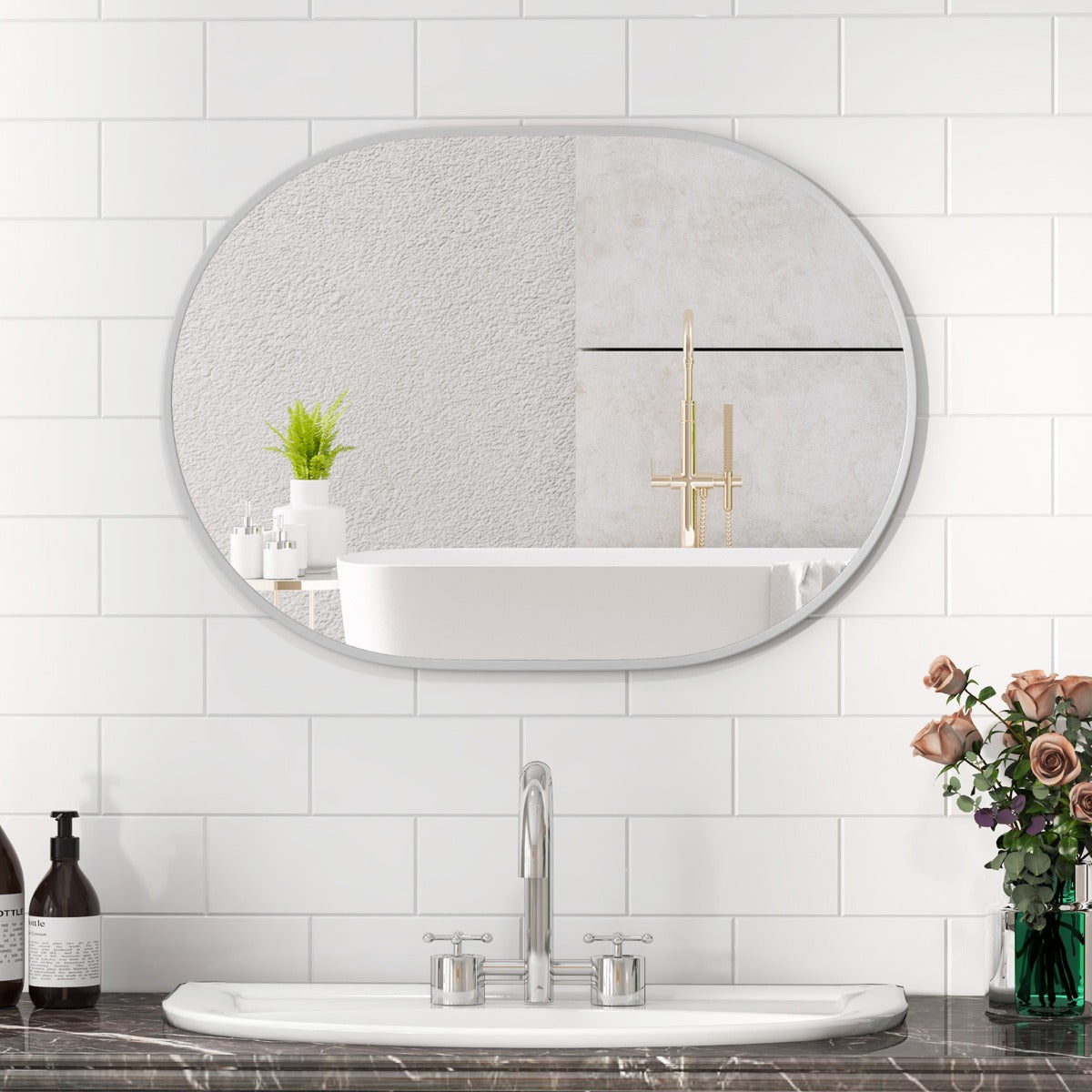 Runway Oval Bathroom Mirror with Shatter-Proof Film and Expansion Screws