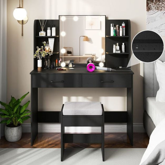 Vanity Set with 3-Color Lighting and Adjustable Brightness-Black