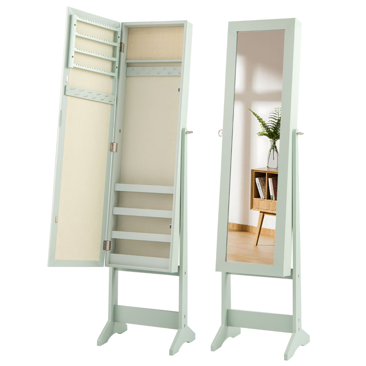 Mirrored Jewelry Armoire with Full-Length Mirror and 3 Tilting Angles-Green