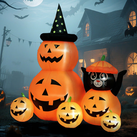 Outsunny 180 cm Tall Halloween Inflatables Pumpkin and Cat with Built-in LED Lights, Self-Inflating Outdoor Halloween Decoration for Garden Party, Orange and Black
