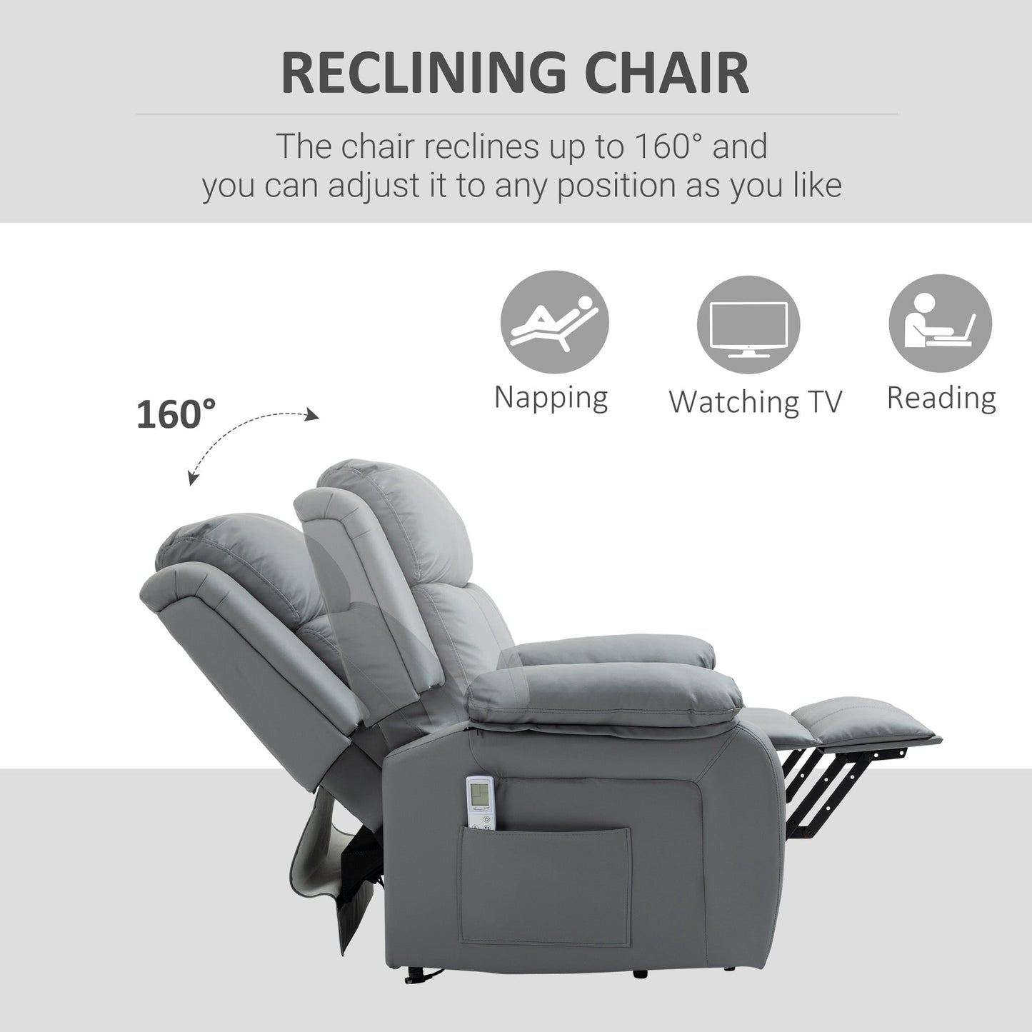 HOMCOM Riser and Recliner Chair with Massage, Heat, Power Lift Recliner Chair for Elderly with Remote Control, Extended Footrest, Dual Side Pockets, Overstuffed Electric Reclining Armchair, Grey