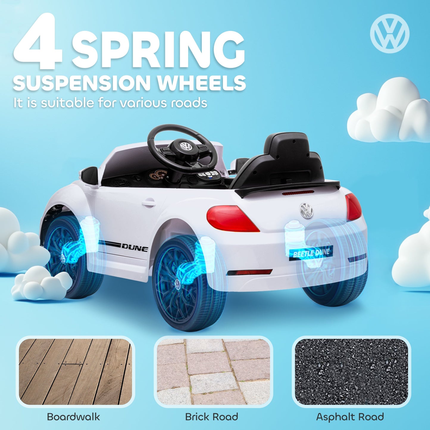 Samochód jeździk AIYAPLAY Volkswagen Beetle z licencją 12V, z pilotem, zawieszeniem kół, łagodnym rozruchem, światłami, muzyką, biały