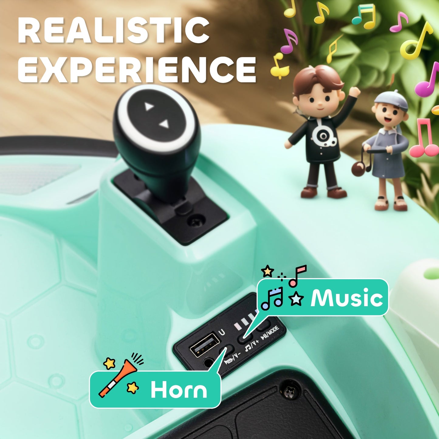 AIYAPLAY 360 Rotation Kids Bumper Car, 12V Waltz Car with Remote Control, Dual Joystick, Music, Lights, Green