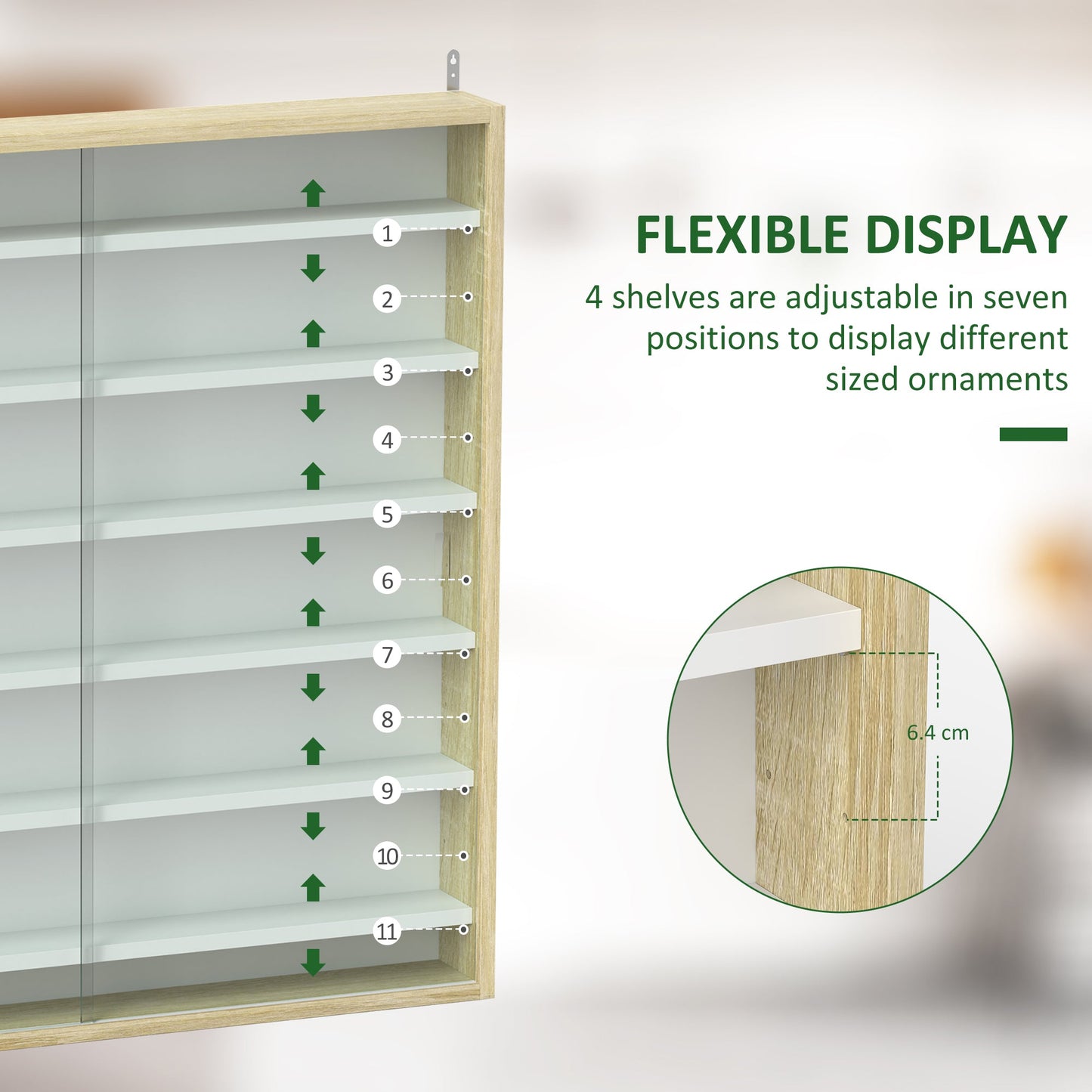 HOMCOM 7-Tier Wall Display Shelf Unit Cabinet w/ 6 Adjustable Shelves Glass Doors Home Office Ornaments 83x80cm, Oak