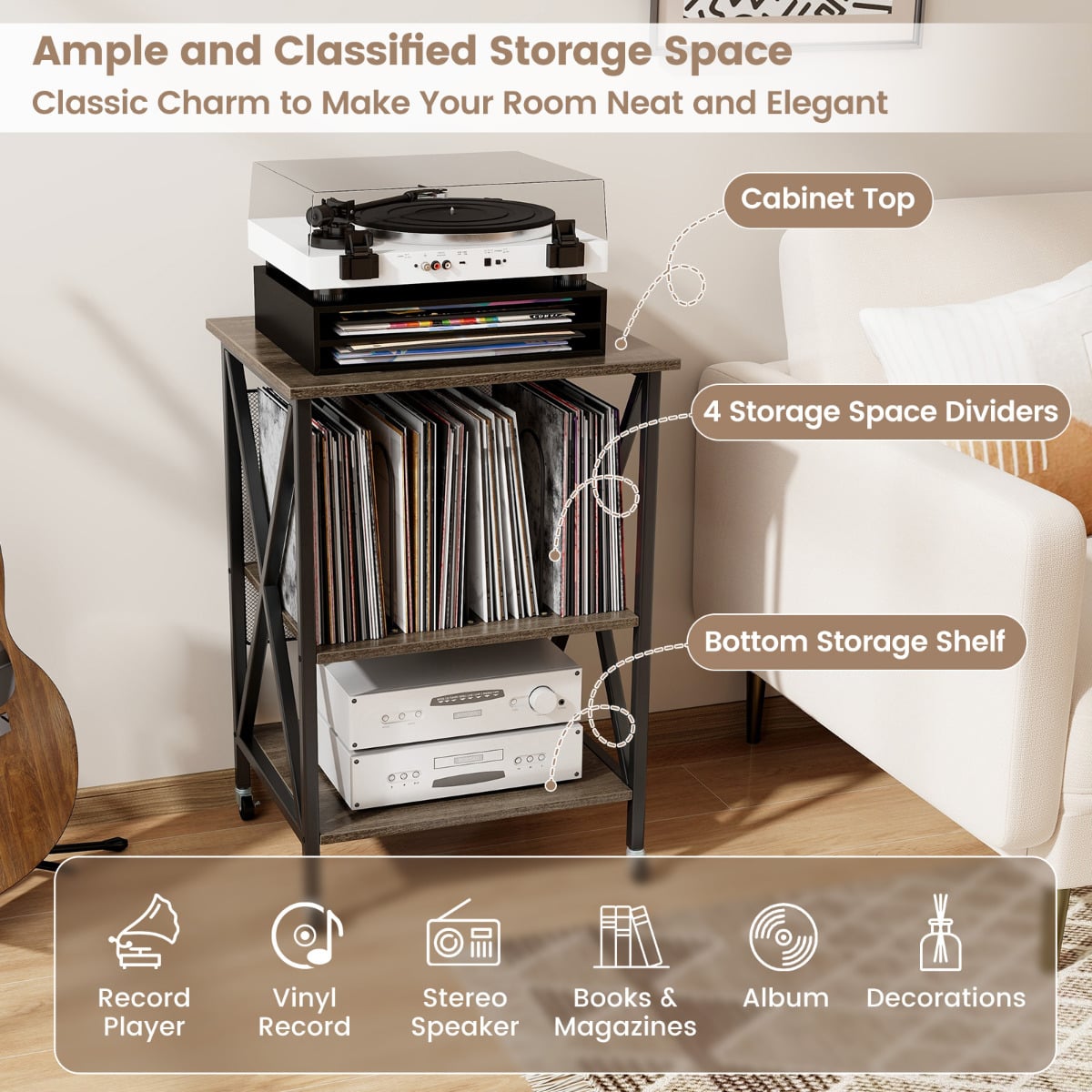 Mobile Record Player Stand with Vinyl Storage Shelves and Dividers-Grey