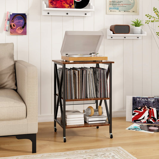 Mobile Record Player Stand with Vinyl Storage Shelves and Dividers-Rustic Brown