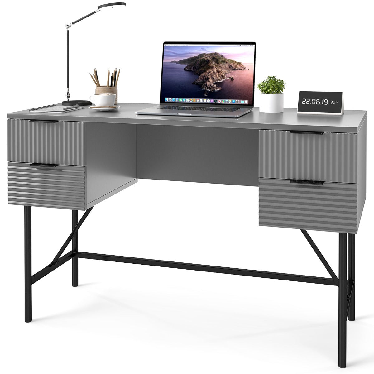 Modern Computer Desk with 4 Drawers and Storage-Grey