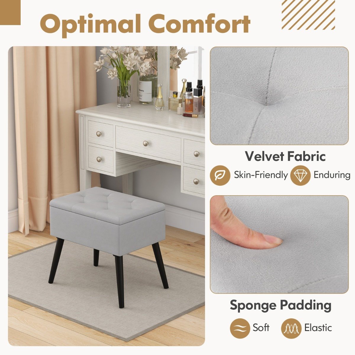 Modern Upholstered Flip Top Velvet Storage Ottoman Footrest-Grey
